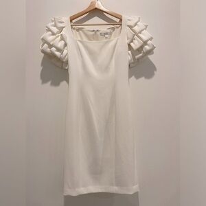 Badgley Mischka Cream Midi Dress Puff Origami Sleeves Square Neck size 8 NWOT